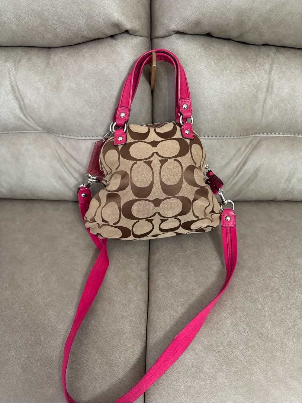 Coach Signature Khaki Pink Patent Satchel Crossbody Bag - Picture 2 of 7